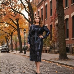 Vintage STENAY Stunning Silk Plus 1X Navy Blue Iridescent Sequin 2 Pc Dress Set